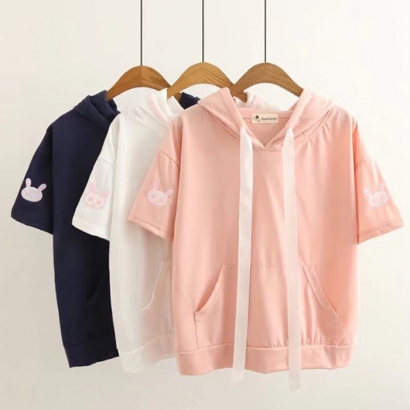 Áo thun hoodie hình thỏ ngắn tay