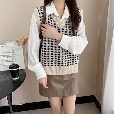 Áo len gile nữ cổ chữ V dệt kim phong cách retro