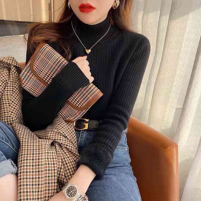 Áo len nhung nữ thu đông dày dặn cổ lọ