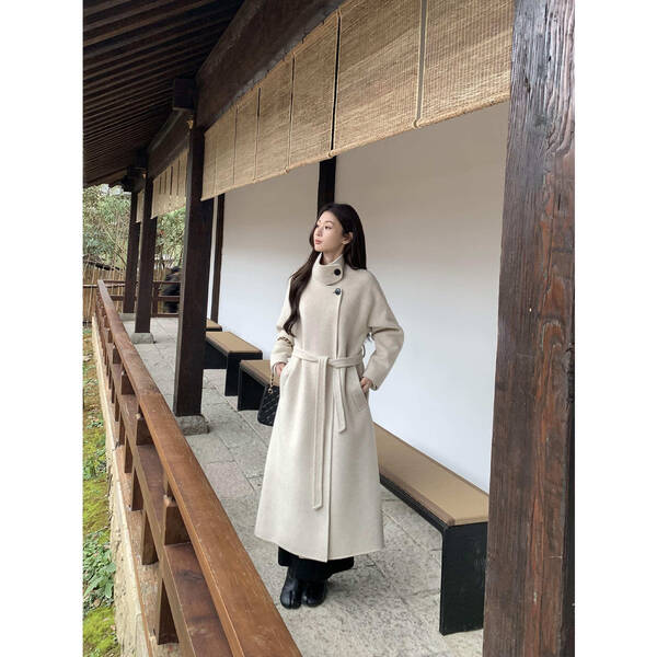 Áo khoác dạ lông cừu nữ dáng dài kèm đai thắt eo tháo rời...