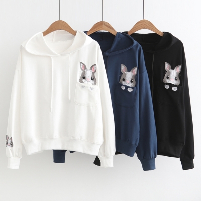 Áo hoodie dài tay thêu hình chú thỏ đáng yêu trước ngực