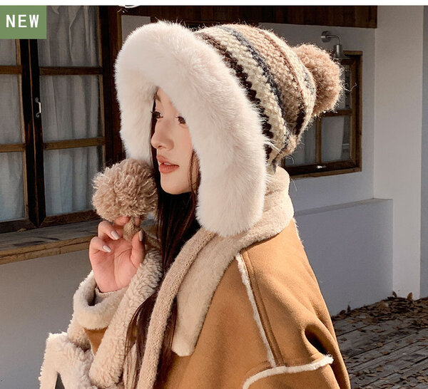 Mũ len nữ thiết kế hai quả bông dễ thương lót lông dày giữ...