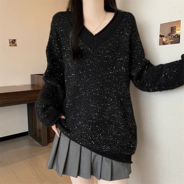 Áo len nữ dáng rộng cổ chữ V đính sequin lấp lánh, phù hợp...