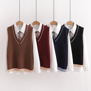 Set áo len gile + áo sơ mi nữ đính cavat