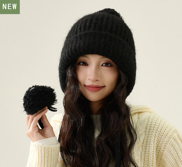 Mũ len nữ dày dặn thiết kế với ba chùm bông dành cho mùa thu...