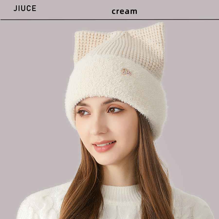 Mũ len dệt kim tai mèo nữ