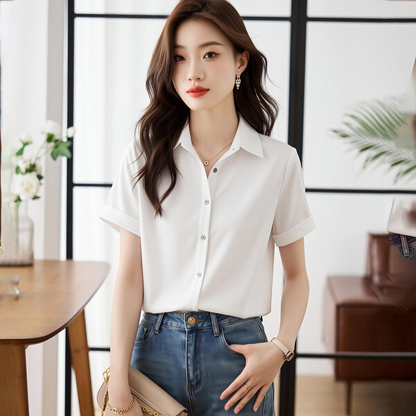 Áo sơ mi nữ tay ngắn vải satin cao cấp, cổ polo sang trọng
