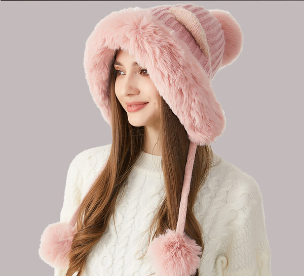 Mũ len tai mèo lông bóng bảo vệ tai ,chống gió