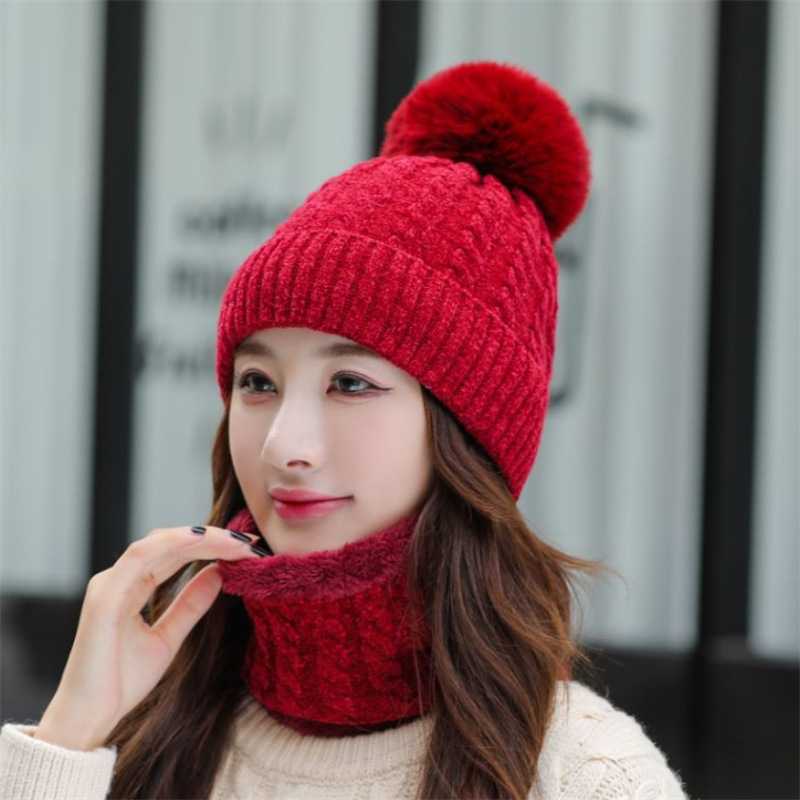 Set mũ len + quàng cổ nữ đính quả bông