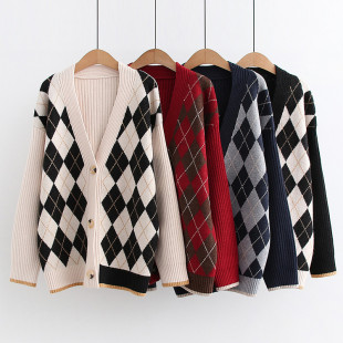 Áo khoác len cardigan nữ cổ chữ V họa tiết kim cương