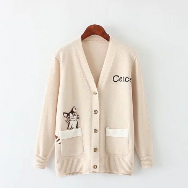 Áo khoác len cardigan hình chú mèo ở túi