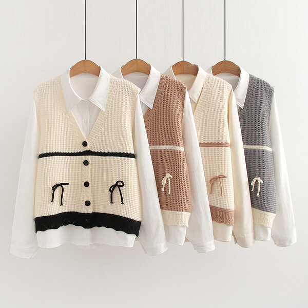 Set áo gile len buộc nơ phong cách học viện phối áo sơ mi cổ...