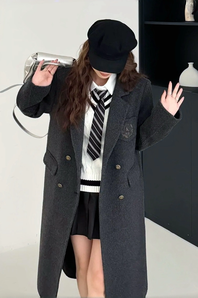 Áo khoác dạ lông cừu nữ dáng dài giữ ấm mùa thu đông