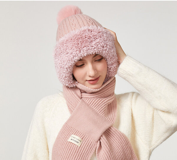 Mũ len liền khăn choàng nữ chất len dày dặn giữ ấm mùa thu...