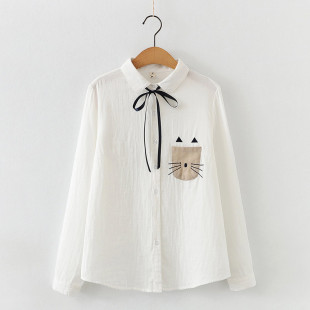 Áo sơ mi nữ túi hình mặt mèo đính nơ