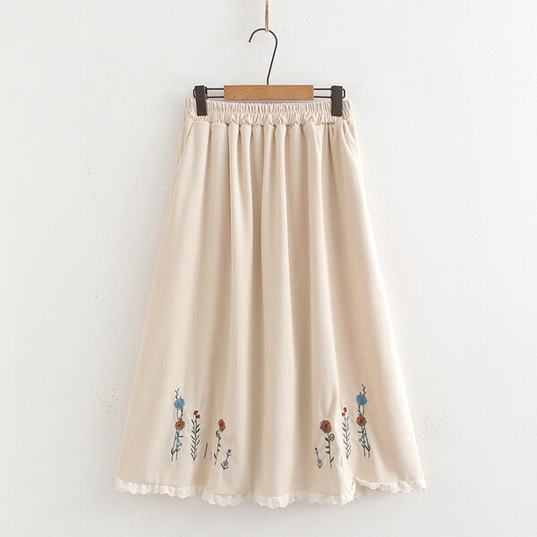 Chân váy dài nữ dáng chữ A thêu hoa, lưng thun co giãn cạp cao