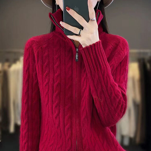 Áo khoác len dệt kim cổ bẻ, dáng rộng, hai khóa kéo, họa tiết...
