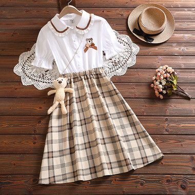 Đầm búp bê kẻ sọc thêu hình gấu