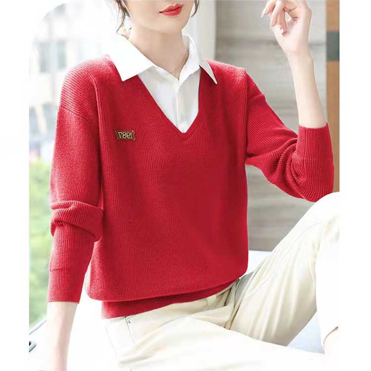 Áo len nữ dệt kim cổ áo sơ mi