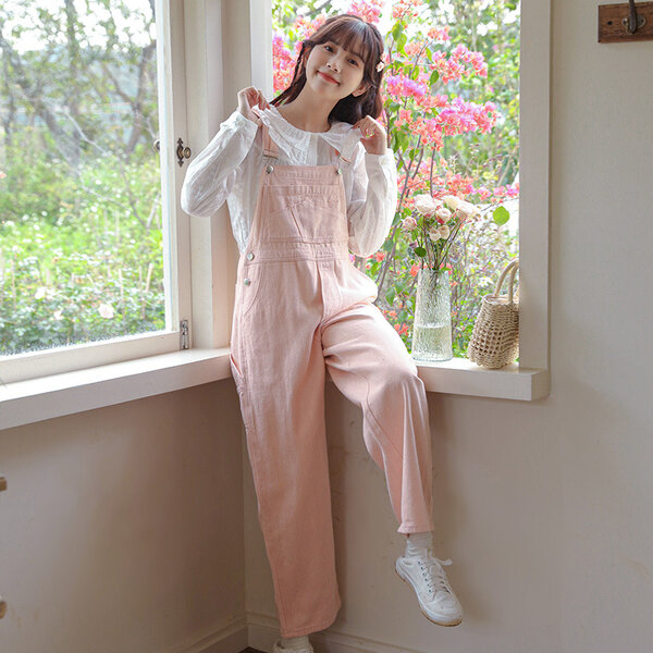 Quần yếm denim màu hồng cam ngọt cho nữ