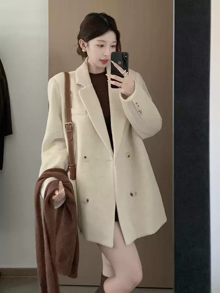 Áo khoác dạ lông cừu dáng ngắn nữ mùa thu đông