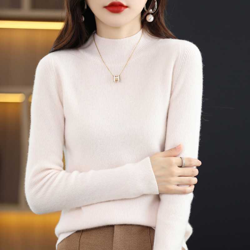 Áo len dệt kim nữ cổ cao màu trơn