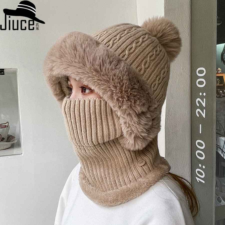 Mũ len nữ dệt kim choàng cổ thu đông