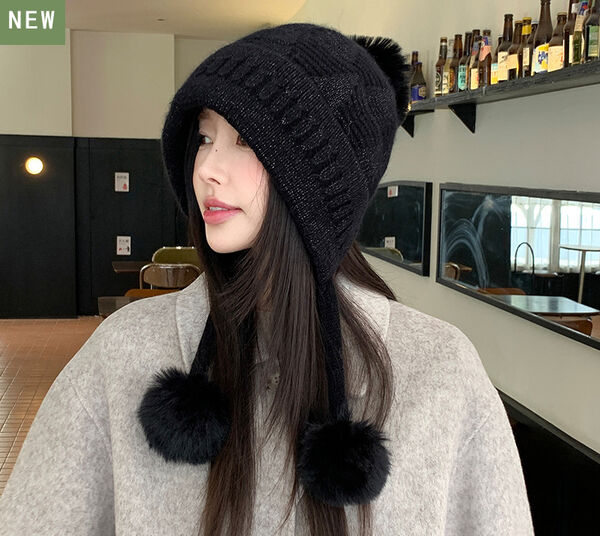 Mũ len lông thỏ có lót lông, thiết kế ba quả bông cho mùa thu...