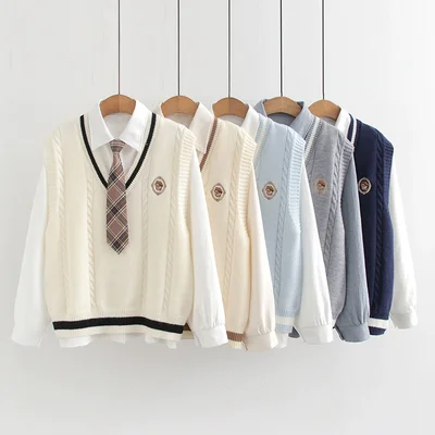 Set áo len gile + áo sơ mi đính cavat