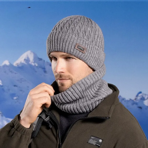 Bộ mũ và khăn quàng cho nam chất liệu len dệt kim có lót nỉ