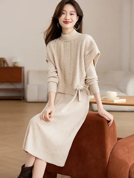 Set áo len gile, váy len dệt kim