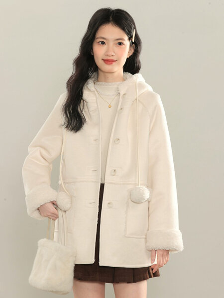 Áo khoác dạ lông cừu trùm đầu cho nữ