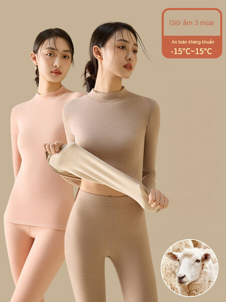 Bộ đồ giữ nhiệt nữ chất liệu len lông cừu và tơ tằm, cổ...