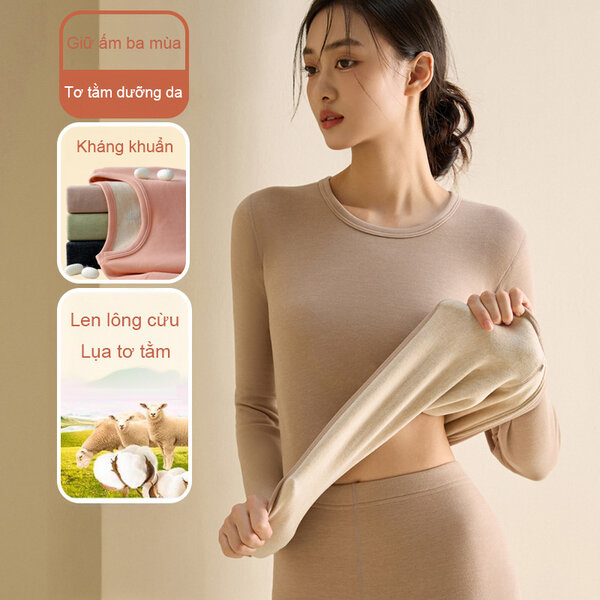 Bộ đồ giữ nhiệt nữ chất len lông cừu pha tơ tằm, cổ tròn,...