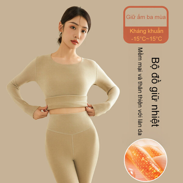 Quần áo giữ nhiệt nữ vải sợi mềm, cổ tròn, dày dặn, giữ...