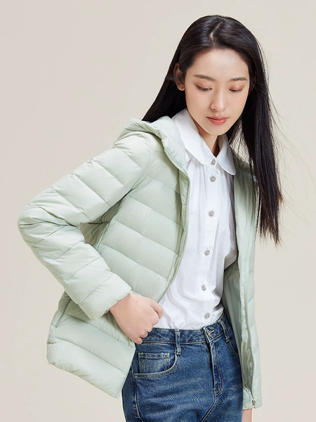 Áo khoác phao lông vũ nữ dáng ngắn có mũ, rộng rãi mùa đông