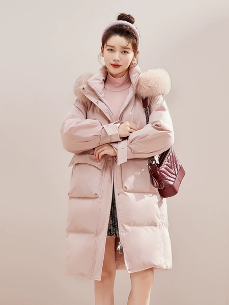 Áo khoác lông vũ dáng dài dày dặn nữ cổ lông cáo màu macaron