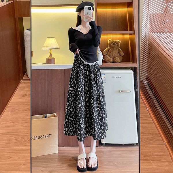 Chân váy nữ dáng chữ A, họa tiết hoa nhỏ, lưng chun co giãn