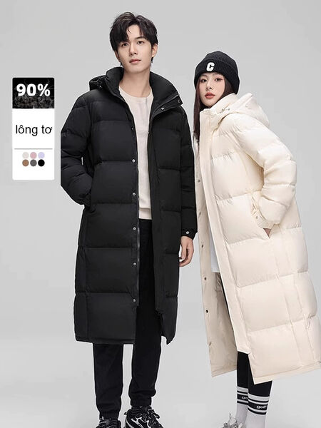 Áo khoác lông vũ nam nữ, dáng dài có mũ.