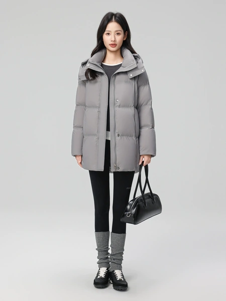 Áo khoác phao lông vũ dáng trung cổ đứng, kiểu phồng, phong cách...