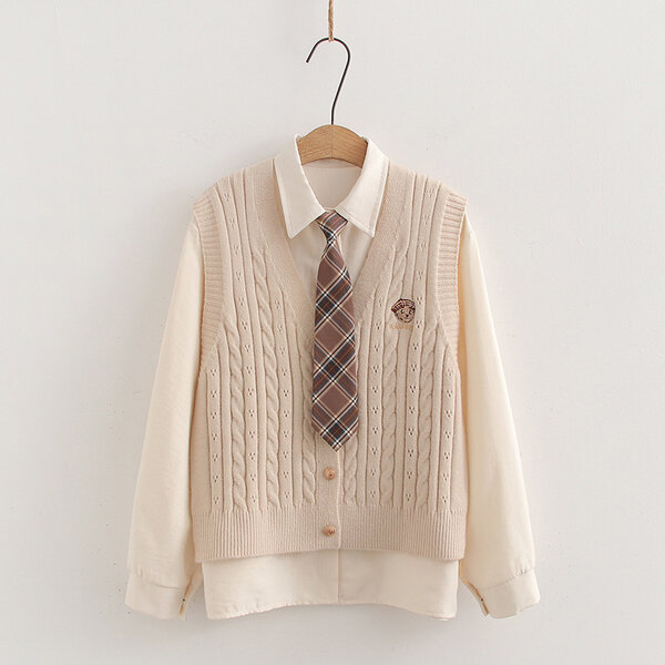 Bộ 3 món áo gile len cardigan thêu chữ cùng sơ mi và cổ đeo cà...