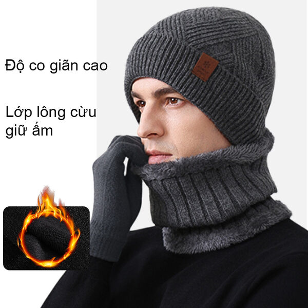 Set 3 món nam mũ len, khăn ống và găng tay giữ ấm mùa đông ngoài...
