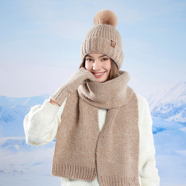 Bộ 3 món mùa đông cho nữ gồm mũ len đan kim, khăn choàng và...