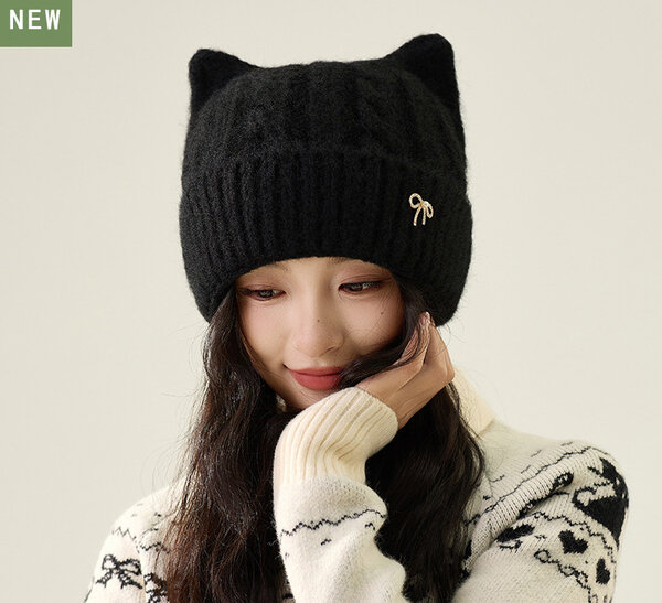 Mũ len tai mèo dễ thương, có đính nơ phù hợp cho mùa thu đông