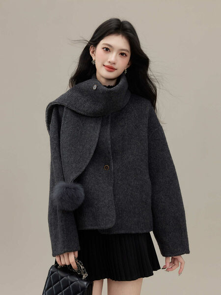 Áo khoác dạ lông cừu nữ dáng ngắn thiết kế quả bông trang...
