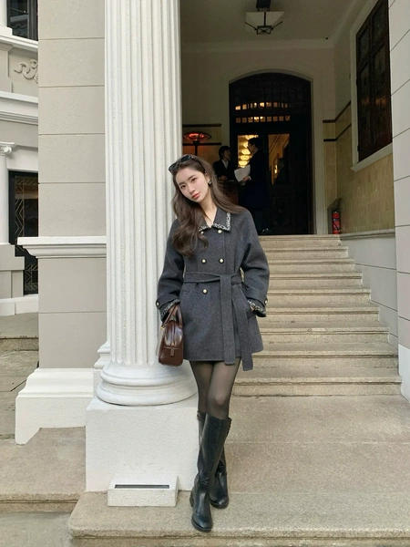 Áo khoác dạ lông cừu nữ kèm đai tháo rời giữ ấm mùa thu...