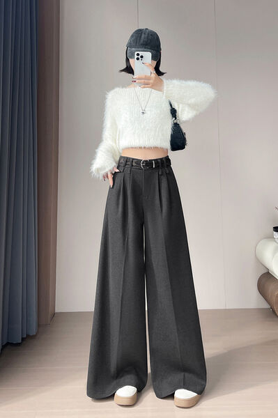 Quần ống rộng nữ vải dạ dày, dài chạm đất kèm thắt lưng...