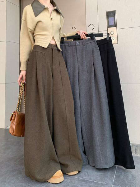 Quần tây ống rộng nữ lưng cao màu xám bằng vải dạ