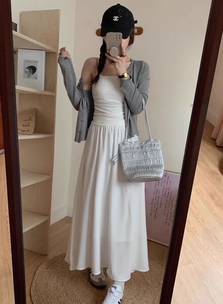 Áo khoác cardigan len dệt kim màu xám nữ, dài tay, dáng rộng, cài...