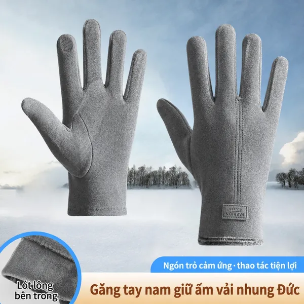 Găng tay nam mùa đông cảm ứng vải nhung Đức tự làm ấm dày...